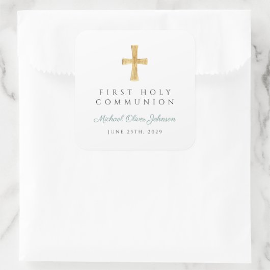 Elegante groene kruis jongen eerste communie dank vierkante sticker (Tas)