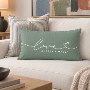 Elegante Groene Liefdeshart Script Koppelnamen Kussen