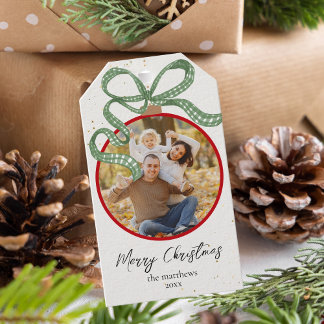 Elegante Groene Lint Foto Kerstmis Cadeaulabel