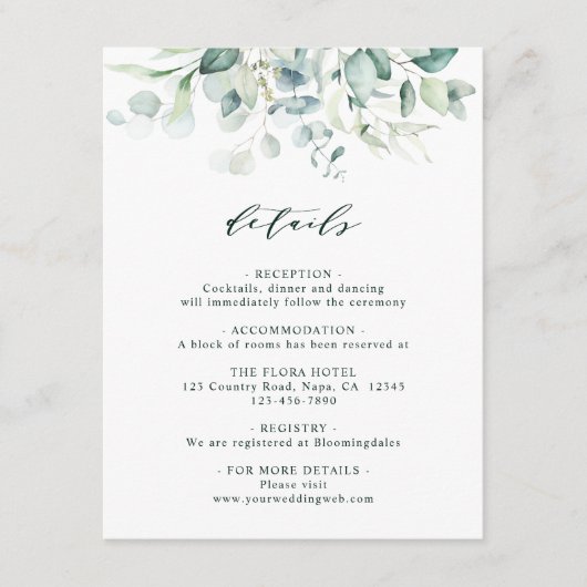Elegante groene loof bruiloft details informatiekaartje (Voorkant)