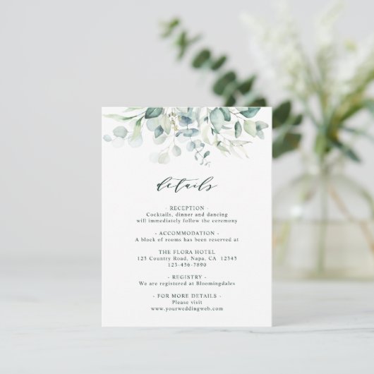 Elegante groene loof bruiloft details informatiekaartje (Staand voorkant)