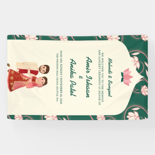 Elegante Groene Lotus Lantaarns Mehndi Sanget Indi Spandoek (Horizontaal)