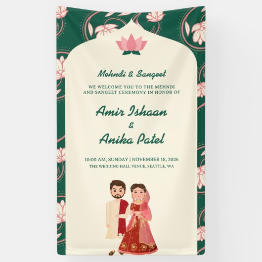 Elegante Groene Lotus Lantaarns Mehndi Sanget Indi Spandoek (Verticaal)