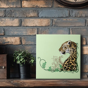Elegante Groene Luipaard Botanische Henna Tegeltje