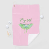 Elegante Groene Luna Moth Custom Naam Dames Roze Golfhanddoek (Insitu)