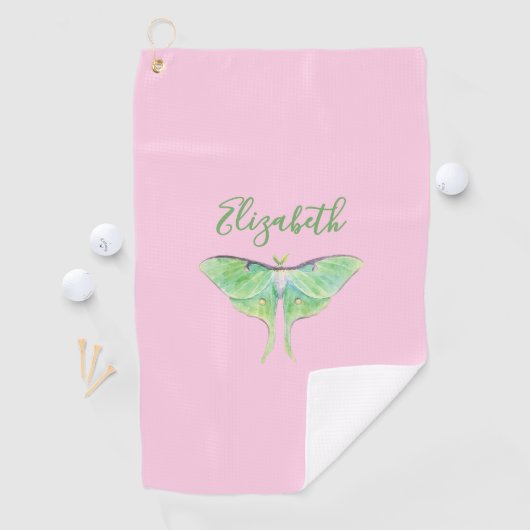 Elegante Groene Luna Moth Custom Naam Dames Roze Golfhanddoek (Insitu)