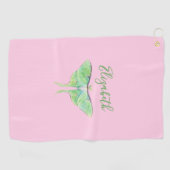 Elegante Groene Luna Moth Custom Naam Dames Roze Golfhanddoek (Horizontaal)