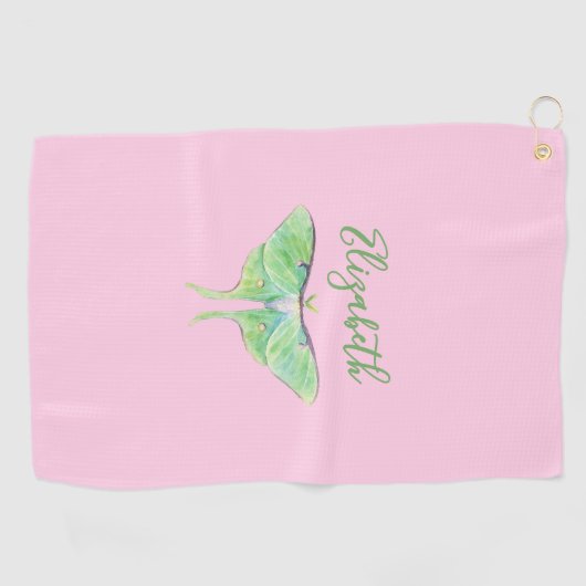 Elegante Groene Luna Moth Custom Naam Dames Roze Golfhanddoek (Horizontaal)