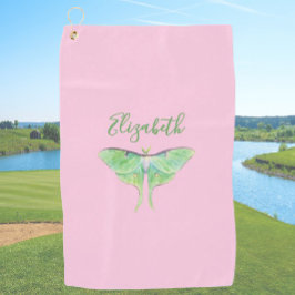 Elegante Groene Luna Moth Custom Naam Dames Roze Golfhanddoek