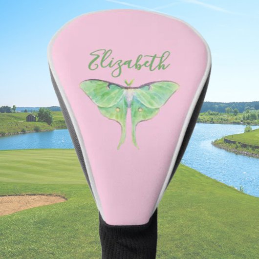 Elegante Groene Luna Moth Custom Naam Dames Roze Golfheadcover