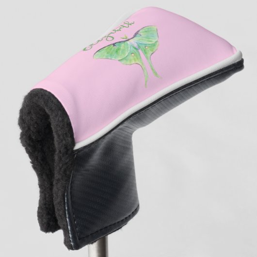 Elegante Groene Luna Moth Custom Naam Dames Roze Golfheadcover (3/4 voorkant)