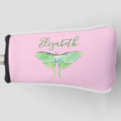 Elegante Groene Luna Moth Custom Naam Dames Roze Golfheadcover (Voorkant)