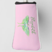 Elegante Groene Luna Moth Custom Naam Dames Roze Golfheadcover (Draai 90)