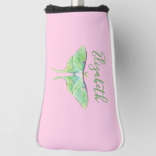 Elegante Groene Luna Moth Custom Naam Dames Roze Golfheadcover (Draai 90)