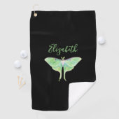 Elegante Groene Luna Moth Custom Naam Dames Zwart Golfhanddoek (Insitu)