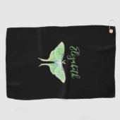 Elegante Groene Luna Moth Custom Naam Dames Zwart Golfhanddoek (Horizontaal)