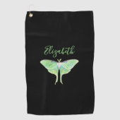 Elegante Groene Luna Moth Custom Naam Dames Zwart Golfhanddoek (Voorkant)