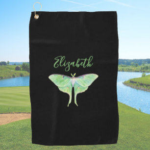 Elegante Groene Luna Moth Custom Naam Dames Zwart Golfhanddoek