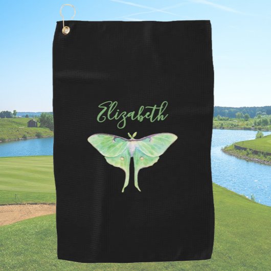Elegante Groene Luna Moth Custom Naam Dames Zwart Golfhanddoek