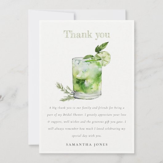 Elegante Groene Margarita Cocktail Bruidsmeisjesfe Bedankkaart (Voorkant)