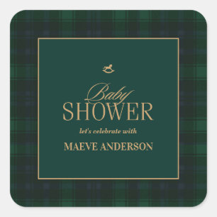 Elegante groene marineblauwe gouden geruite tartan vierkante sticker