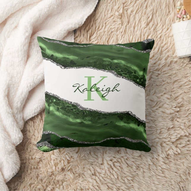 Elegante groene marmeren zilveren glans monogram kussen (Deken)