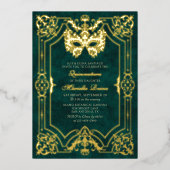 Elegante groene Masquerade Mask Quinceanera Folie Uitnodiging (Voorkant)