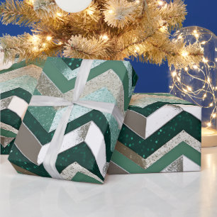 Elegante groene metaalachtige zilveren chevronpatr cadeaupapier