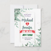 Elegante groene minimalistische aangepaste fototro save the date (Voorkant)