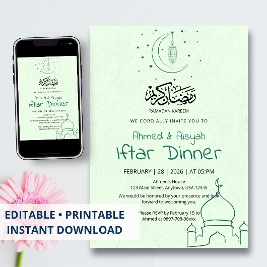 Elegante groene mint halve maan moskee Iftar-diner Kaart
