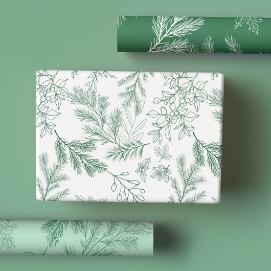 Elegante groene monochrome rustieke winter botanic inpakpapier vel