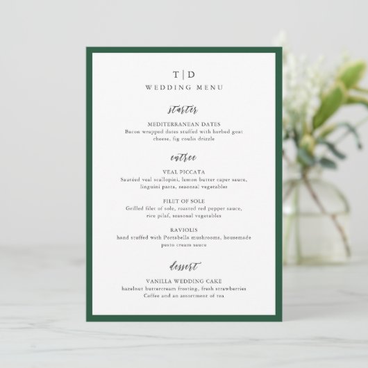 Elegante groene monogram moderne trouw menu (Staand voorkant)