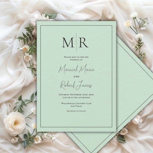 Elegante groene monogram moderne trouwdag kaart