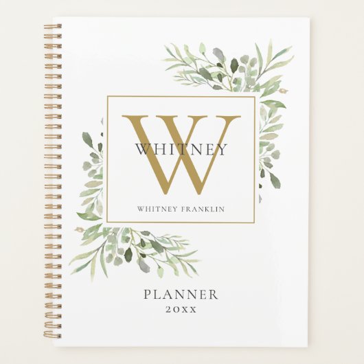 Elegante Groene Monogram Naam 2023 Planner (Voorkant)