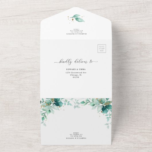 Elegante groene munt gouden bruiloft details RSVP All In One Uitnodiging (Buitenkant)