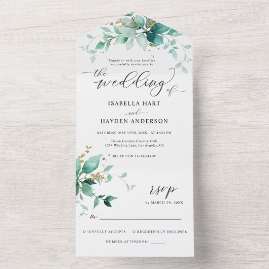 Elegante groene munt gouden bruiloft details RSVP All In One Uitnodiging (Binnen)