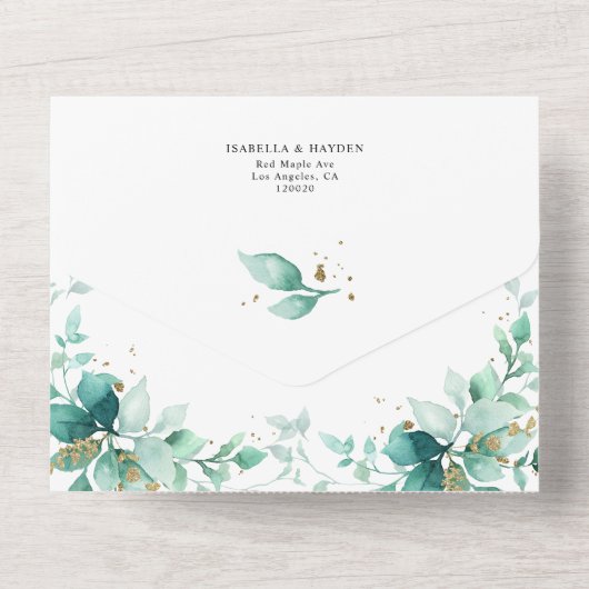 Elegante groene munt gouden bruiloft details RSVP All In One Uitnodiging (Achterkant)