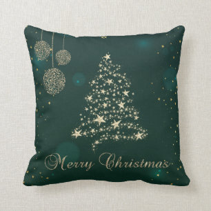 Elegante groene, nepgouden kerstboom, sneeuwvlokke kussen