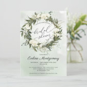 Elegante groene olijfkrans witte rozen bruids kaart (Staand voorkant)