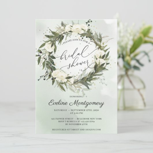 Elegante groene olijfkrans witte rozen bruids kaart (Staand voorkant)