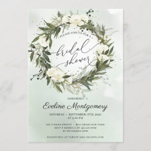 Elegante groene olijfkrans witte rozen bruids kaart