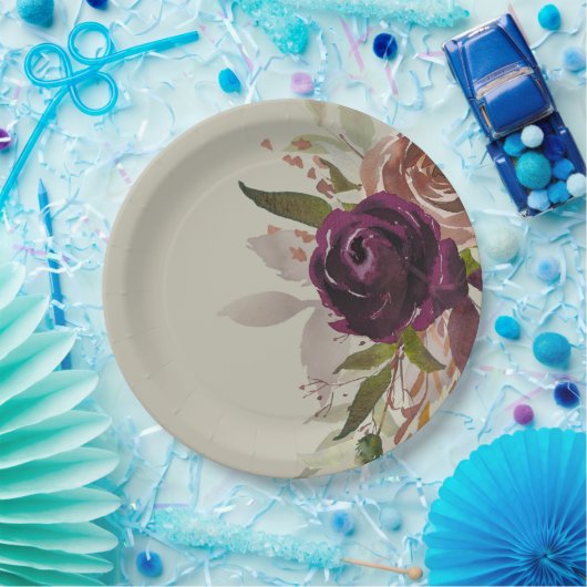 Elegante Groene Paarse Pruim en Gouden Bloemenbrui Papieren Bordje (Feest)