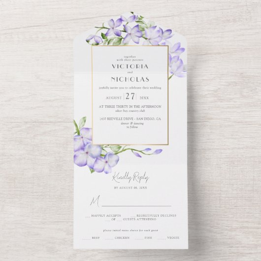 Elegante Groene & Paarse Wisteria bruiloft All In One Uitnodiging (Binnen)