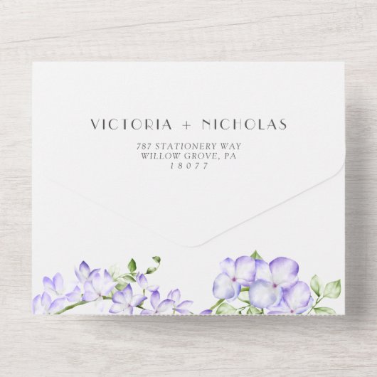 Elegante Groene & Paarse Wisteria bruiloft All In One Uitnodiging (Achterkant)