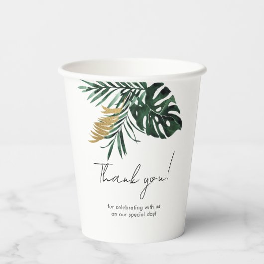 Elegante, groene palm, goud (imitatie) papieren bekers (Achterkant)