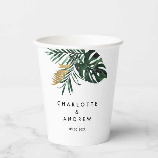 Elegante, groene palm, goud (imitatie) papieren bekers (Voorkant)