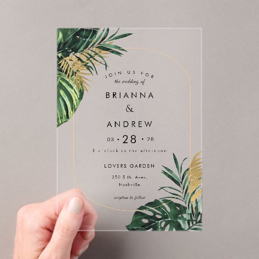 Elegante, groene palm, gouden (imitatie) rand acryl uitnodigingen (Insitu (Draagbaar))