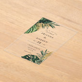 Elegante, groene palm, gouden (imitatie) rand acryl uitnodigingen (Laagn)