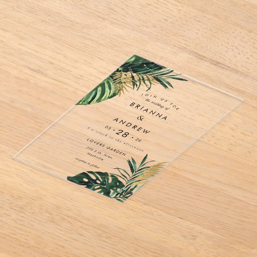 Elegante, groene palm, gouden (imitatie) rand acryl uitnodigingen (Laagn)