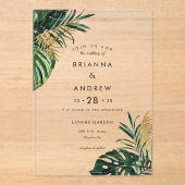 Elegante, groene palm, gouden (imitatie) rand acryl uitnodigingen (Voorkant)